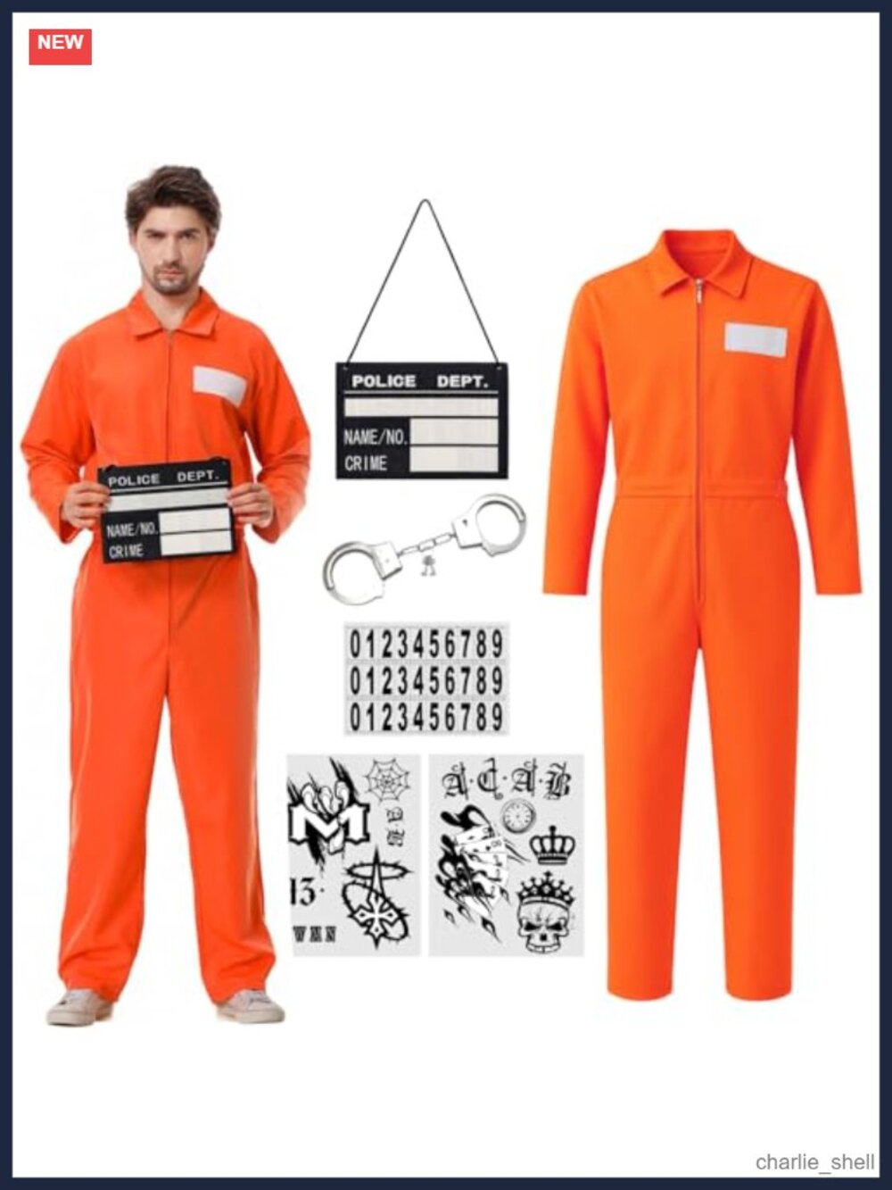 Prisoner Jumpsuit Costume 6-Piece Set Unisex Halloween Cosplay Outfit